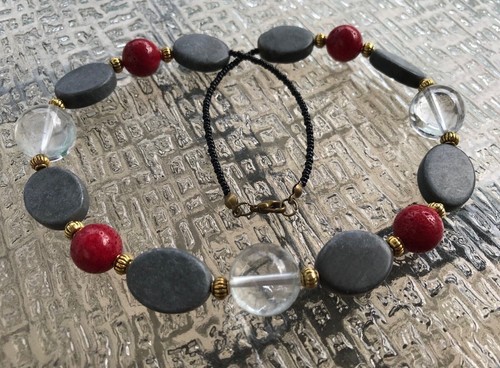 Handmade Necklace of Gray Marble, Red Coral and Clear Quartz Crystal Round Beads - Picture 2 of 5