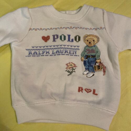 Polo Ralph Lauren LS Felpa Girocollo Orso Ricamato Intarsiato Bianco~3 Mesi - Foto 2 di 5