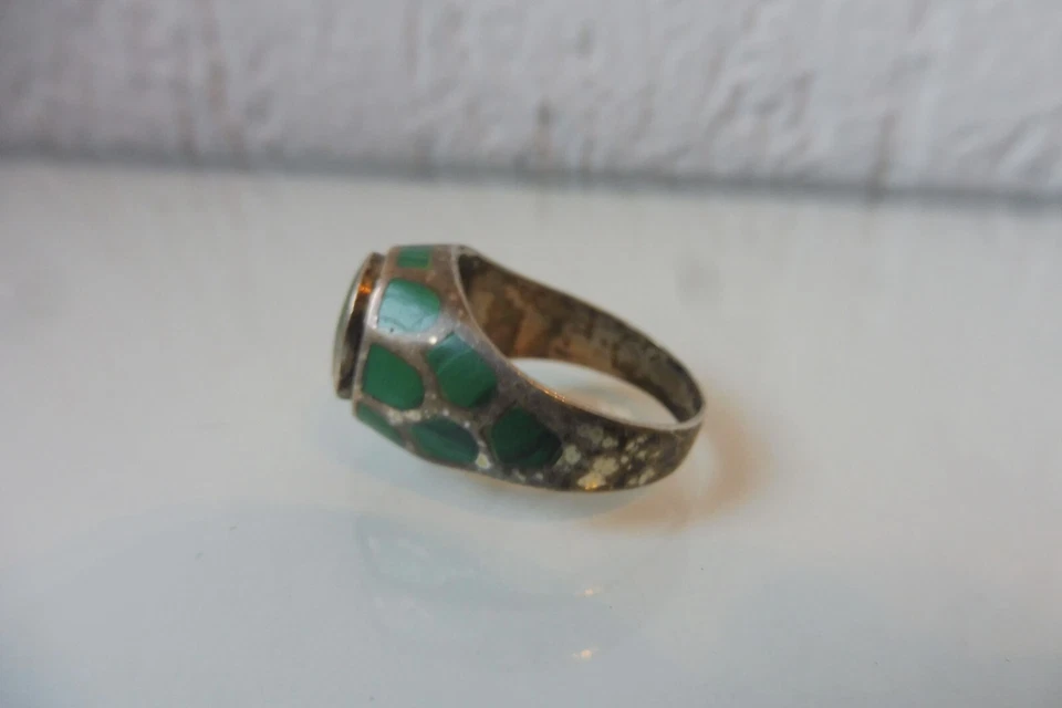 Anello, Argento 925 Con Malachite, Bello, Vecchio Anello In Argento - Immagine 3 di 4