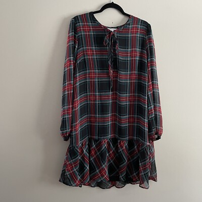 Draper James Women SZ XL Red/Black/Green Plaid Tie Neck Flounce Shift Dress NWT