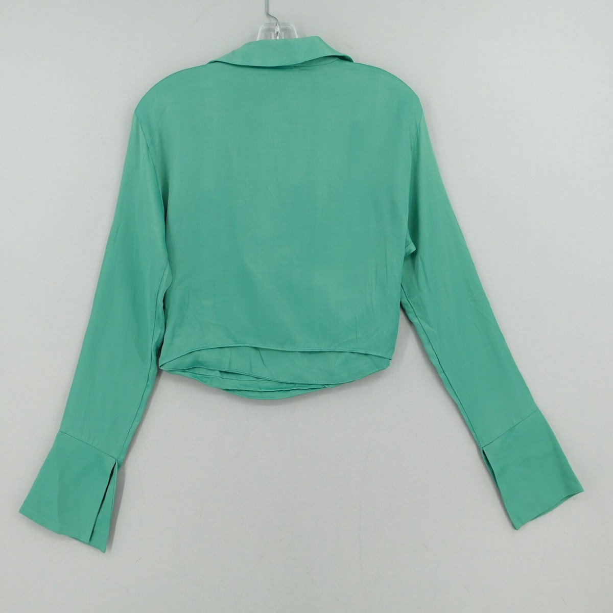 NWT Zara Satin Crop Blouse Womens Medium Long Sleeve Green