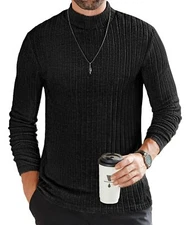 Men's Mock Turtleneck Shirts Long Sleeve Underwear Tops Fleece Ribbed Knit Pu...