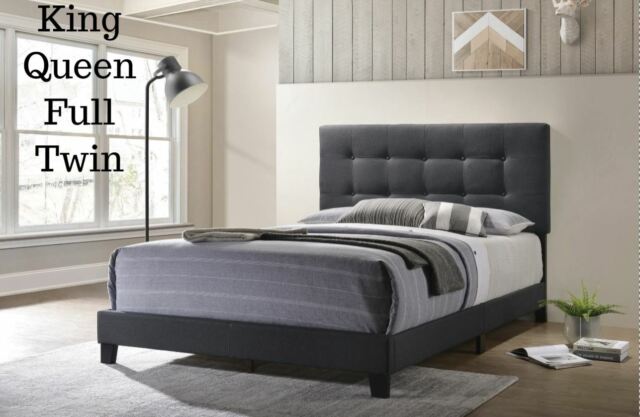 Tufted Headboard, Cara Upholstered Charcoal Queen Platform Bed Frame With Square Tufted Headboard