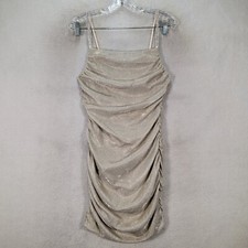Beige Glitter Square Neck Slim Rhinestone Ruched Sexy Mini Womens Dress Size M