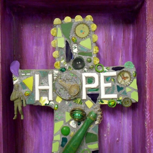 Unique Assemblage Art Cross Shrine Purple Green Hope Mixed Media Sculpture Vtg - Picture 2 of 12
