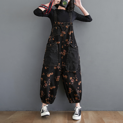 Jeans nero tuta donna casual oversize larghi pantaloni donna tasche grandi stampa - Foto 7 di 13