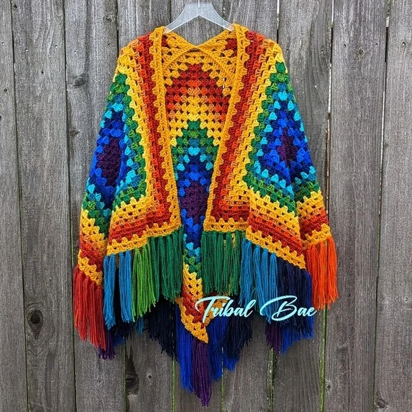 Tribal Bae Colorful Bohemian Crochet Southwestern Designer Sweater Ruana Poncho