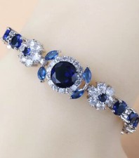 925 Sterling Silver Lab-Created Blue Sapphire  White Topaz Gemstone Bracelet