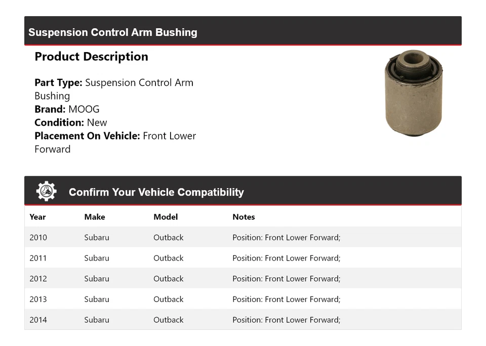 Buje de brazo de control de suspensión para Subaru Outback 2010-2014 MOOG 2010 2011 2012 Foto 2 de 4