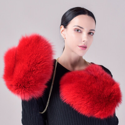 Women's Luxury Real Fox Fur Gloves Warm Fingerless Soft Big Wrist Mittens Winter