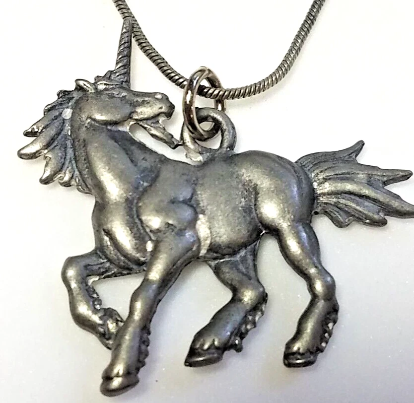 Vtg Stamped 18kgp White Gold Necklace Unicorn Pendant Costume 16 Inch Foto 2 de 4