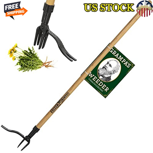 Stand Up Weed Puller Tool W/ Long Handle 4-Claw Steel Head Pulling Kneeling New