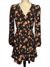 Abound Floral Faux Wrap Ruffle Dress Long Sleeve Boho Black S