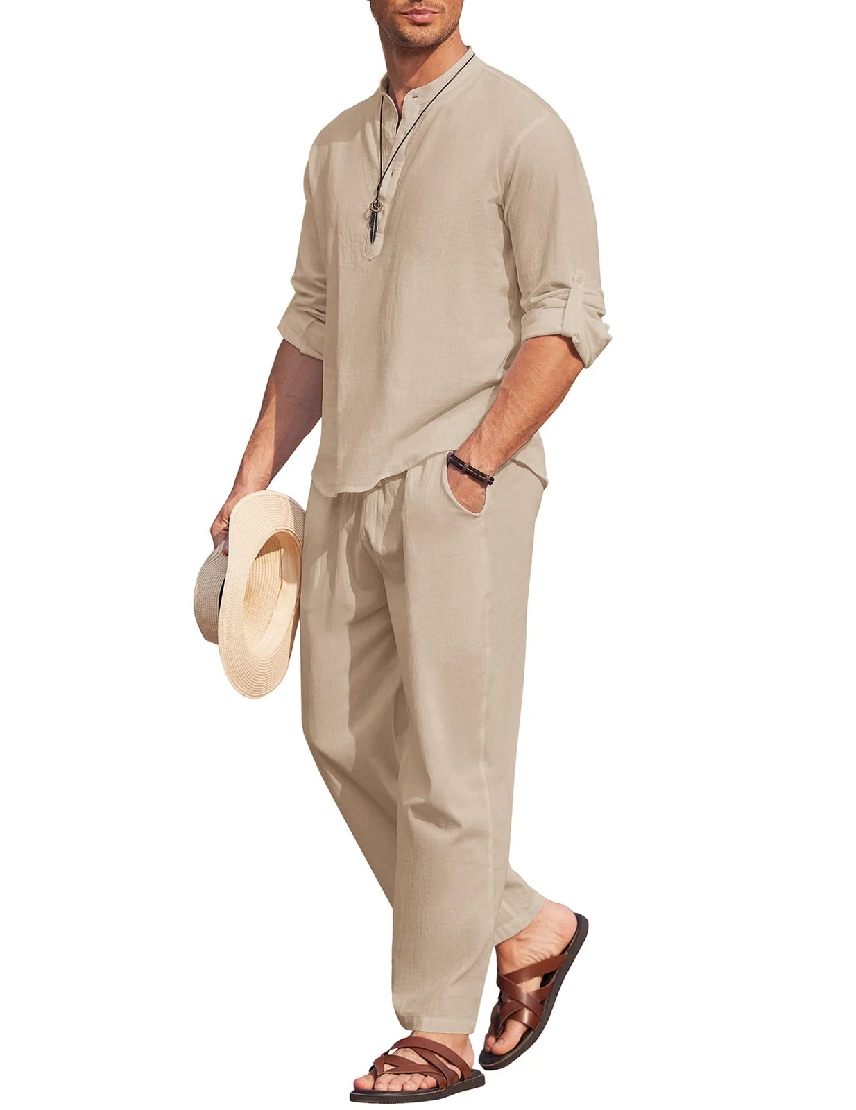 Men's 2 PC Cotton Linen Set Long Sleeve Henley Shirts & Beach Pants Khaki Large