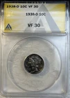 1938 - D Silver Mercury Dime 10 Cents ANACS Certified VF30 Coin Better Date