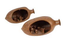 Vintage Costa Rica Hand Carved Pottery Vase Nativity Scene Manger Set Christmas