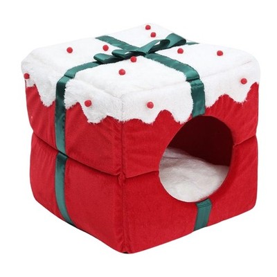 Xmas Box Shaped Cat Beds for Indoor Cats with Cushioned Pillow Pets Supplies