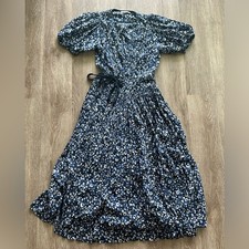Ulla Johnson Kemala Wrap Midi Dress Indigo Batik Cotton Gauze Puff Sleeve Sz 0
