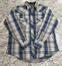 VTG Wrangler Shirt Mens XL Blue White Pearl Snap Long Sleeve Plaid Western