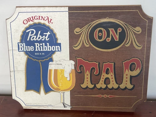 Vintage 1960s Advertising PBR Pabst Blue Ribbon Beer On Tap Painted Wood Sign