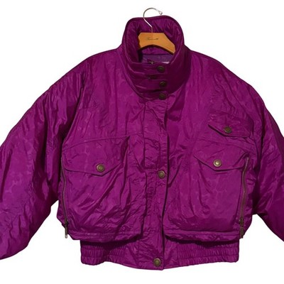 Fall Line Retro 80s Cropped Down Puffer Jacket Purple Full Zip, High Neck SZ L