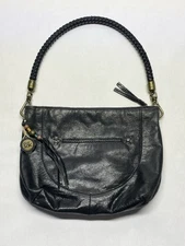 The Sak Demi Black Shiny Leather Boho Slouchy Roll Handle Purse Bag Charm Zip