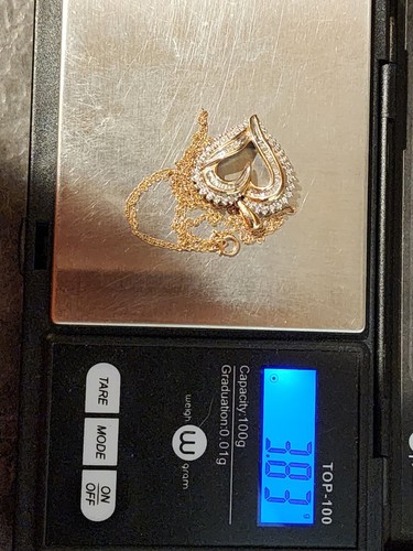 10K YELLOW GOLD NECKLACE 18" W/ 36 ROUND & BAGUETTE DIAMOND HEART PENDANT 3.8g - Picture 10 of 13