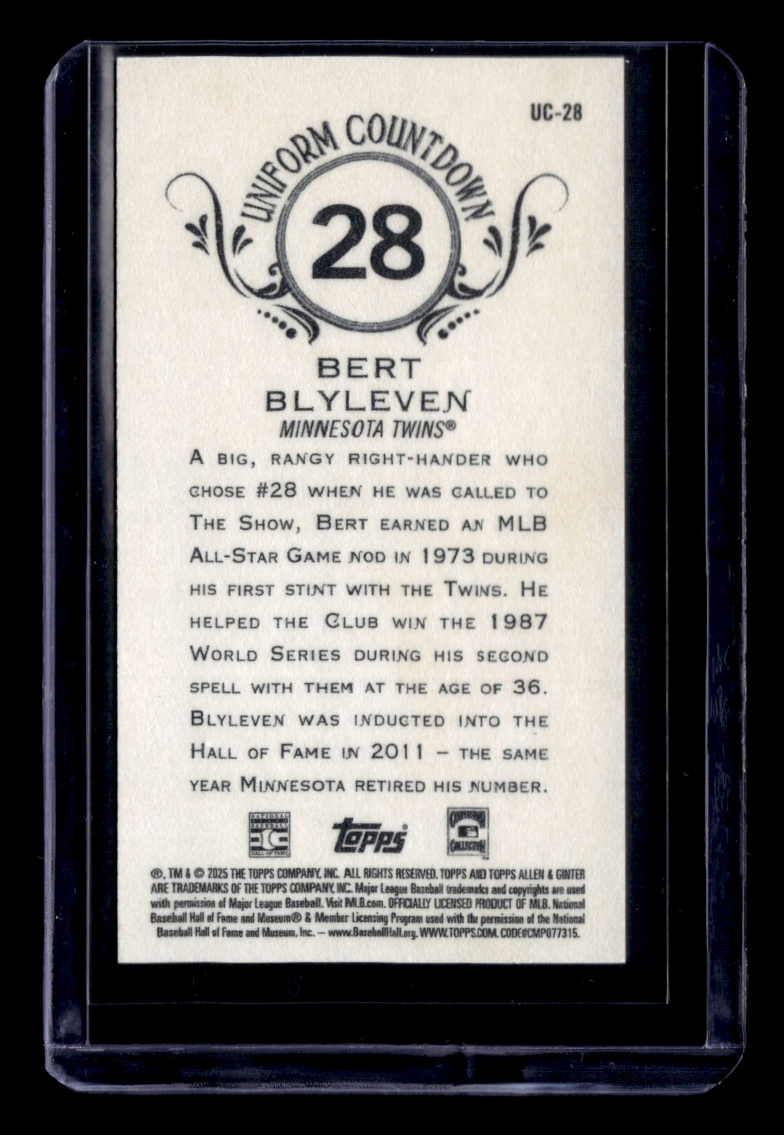 2025 Topps Allen & Ginter #UC-28 Bert Blyleven Mini Uniform Countdown ...