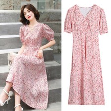 Women Floral Midi Dress Short Sleeve V-neck Ladies Evening Cocktail Party Gown