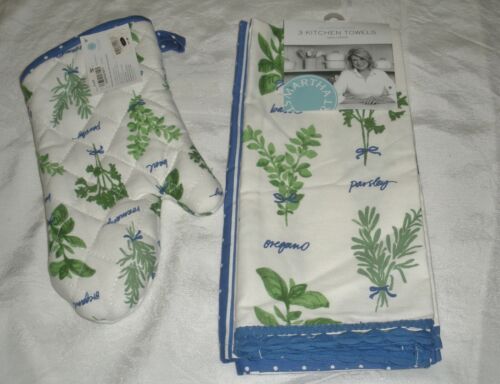 NWT Martha Stewart Herbs Kitchen Towels Set of 3 100% Cotton Plus - Afbeelding 1 van 3