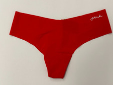 Victoria's Secret Pink No Show Seamless Red Thong Pink Script Logo Pantie LARGE