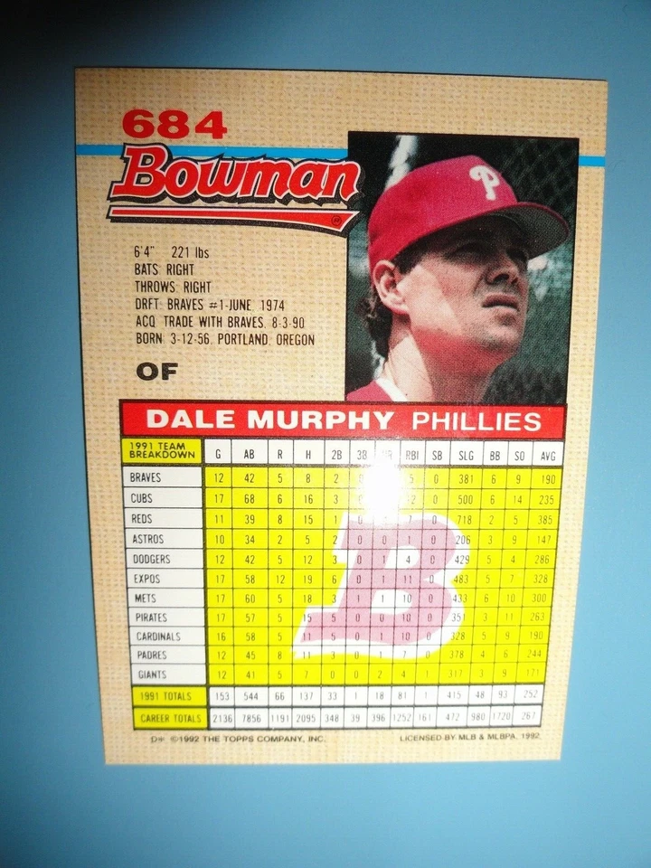 1992 Bowman Dale Murphy # 684 Baseball Card ~ NM/MT ~ Philadelphia Phillies - Image 2 of 2