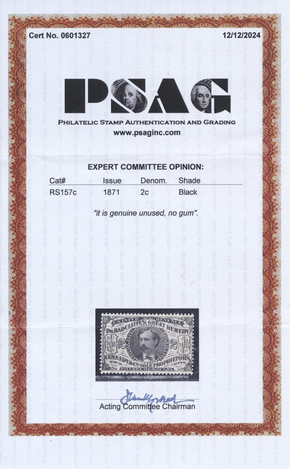 US RS157c 2c Private Die Medicine Stamp 1871 Kennedy & Co. pink paper PSAG cert - Image 3 of 3
