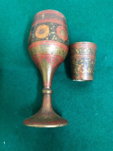 ANTIQUE GOBLET MUG  VASE BRASS ASIA INDIA EGYPT GENUINE ORIGINAL GLASS CUP - Picture 1 of 9
