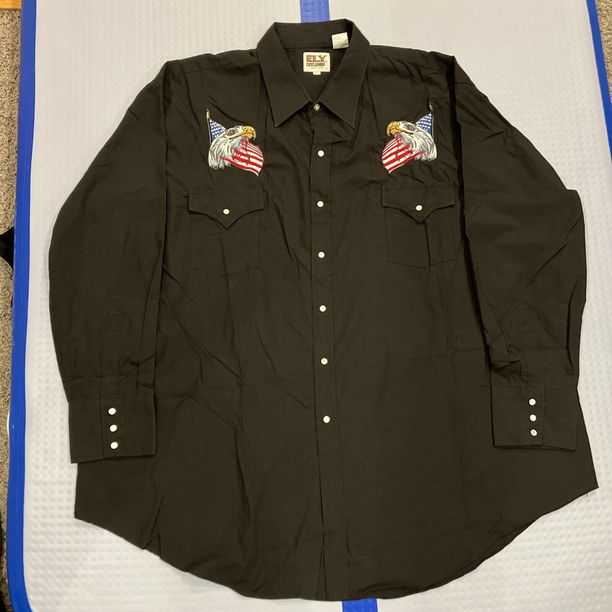 Ely Cattleman Shirt Mens 3XL Black Pearl Snap American Flag Eagle