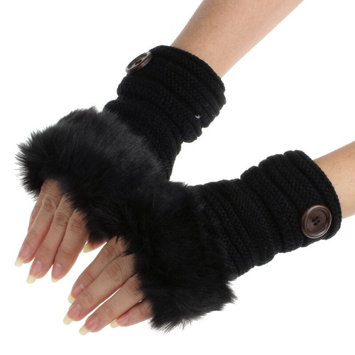 Gloves Fingerless Knitted Wrist Faux Rabbit Fur Winter Warm Women Ladies Mittens - Bild 9 von 13
