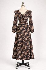 VTG Floral Midi Button Front Dress Sheer Black Sz 8 90s Cottagecore Whimsigoth