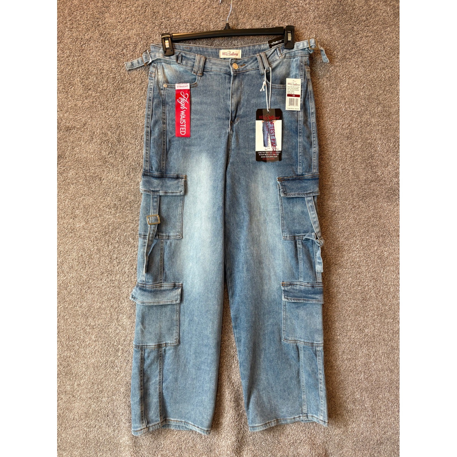 REDBottoms Womens High Waisted Relaxed Straight Cargo Jeans Light Wash Sz 14 NWT