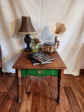 Square Wood End & Side Table with Green Drawer, Brass Pull Handle, Storage