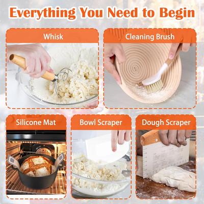 Complete Sourdough Starter Kit Bread Baking Supplies Set 9 round Proofing Basket