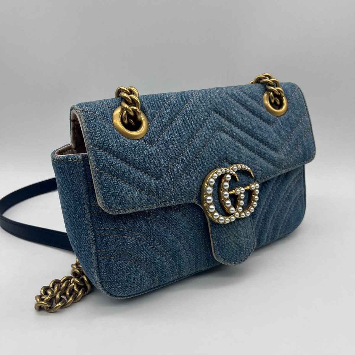 Gucci GG Marmont Chain Crossbody Bag Blue Denim Chevron Quilted
