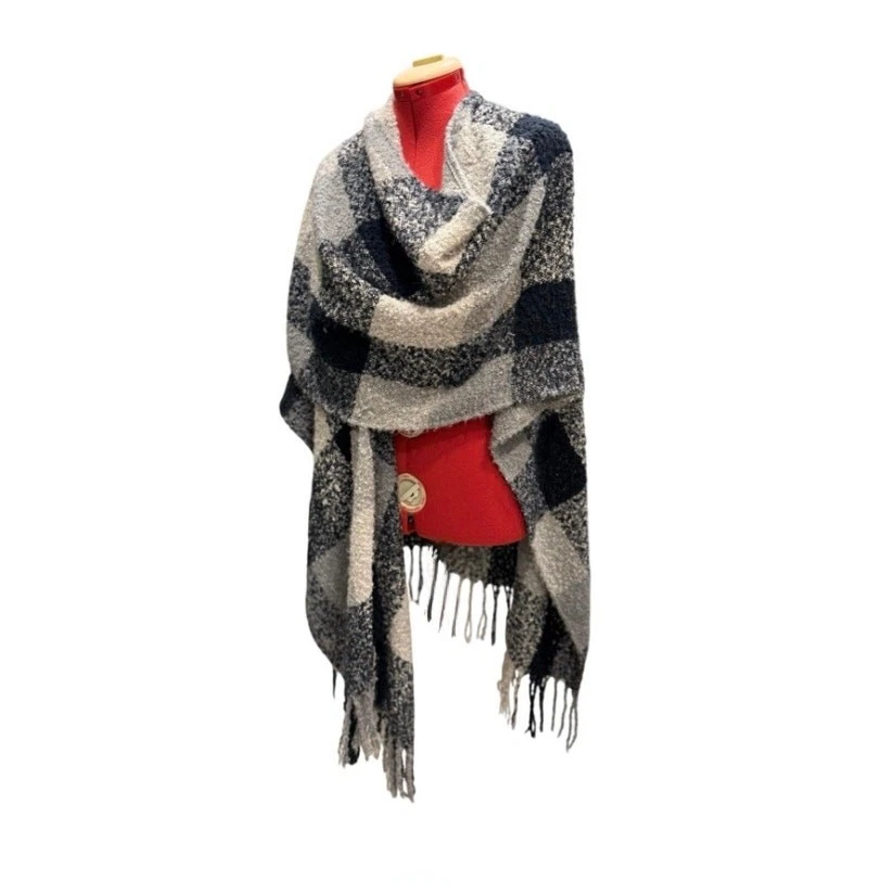 Cozy Plaid Fringe Poncho / Wrap / Shawl – Black, Gray & Cream – One Size