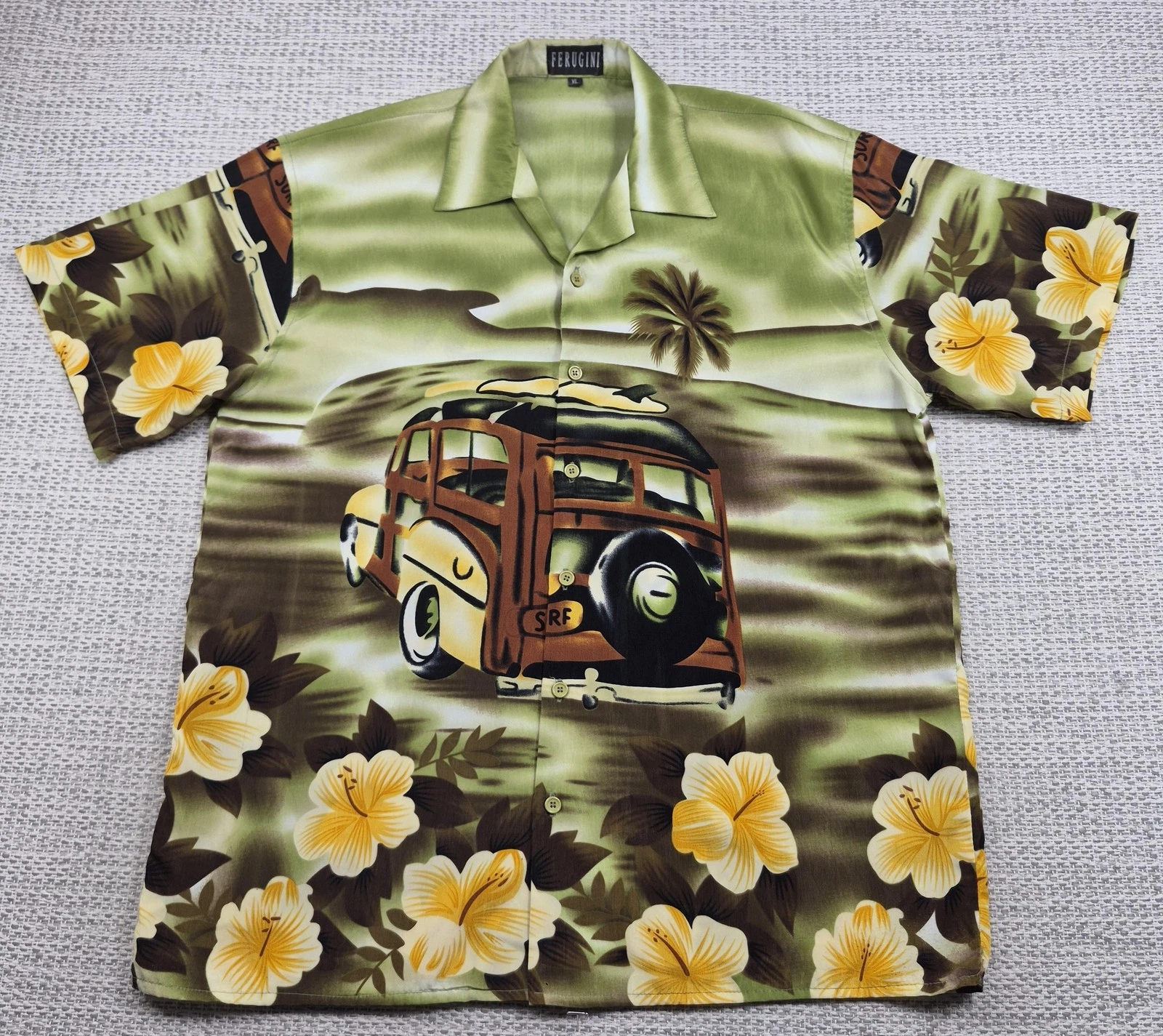Ferugini! Hawaiian Button Up Shirt Mens XL Green Surf Wagon Floral Aloha