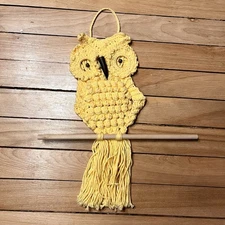 Vintage 70s Yellow 16” Boho Wood Macrame Hanging Owl Wall Art
