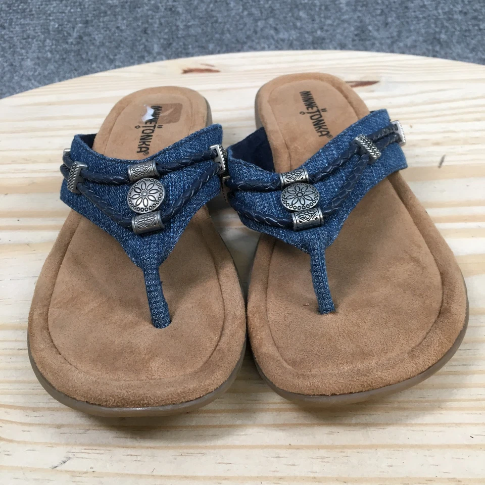 Sandalias Minnetonka para mujer 8 chanclas tela azul punta abierta cuentas sin cordones informales Foto 4 de 4