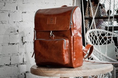 Leather men large travel backpack brown