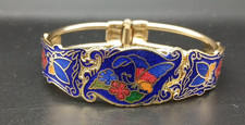 Vtg. Cloisonne Enamel Hinged Bangle Bracelet Blue Floral Butterfly Goldtone