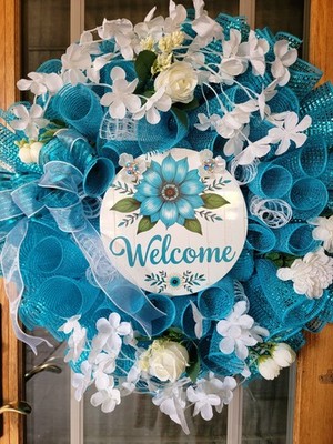 Everyday Summer Wreath Floral Welcome Sign Handmade 24 In.
