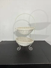 Two Tier White  Rattan/ Wicker Fruit Basket Metal Stand 20.5"x10"