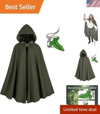 Medieval Costume Cloak with Brooch Necklace - Unisex Elegant Green Velvet Cape